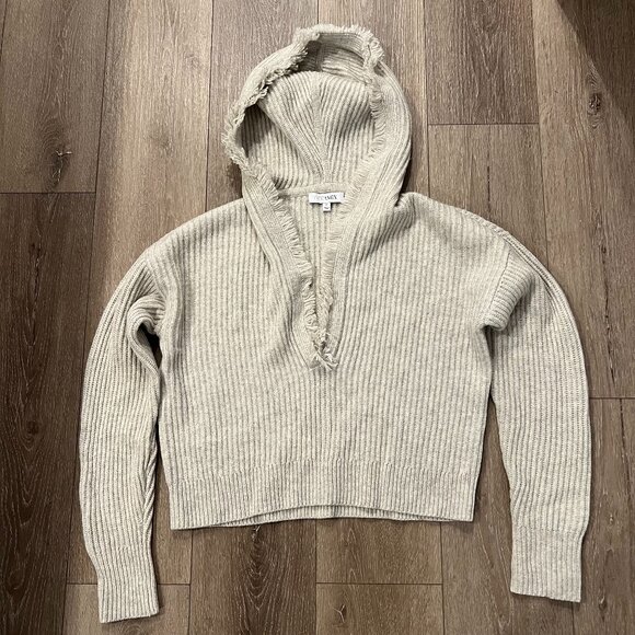 INTERMIX Sweaters - Intermix Gray Hooded Cropped Wool Cashmere Sweater Frayed Pullover Ribbed